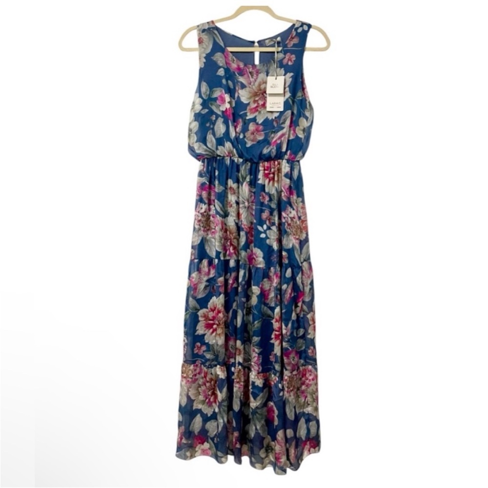 Blue and Pink Maxi Dress with Elegant Floral Design